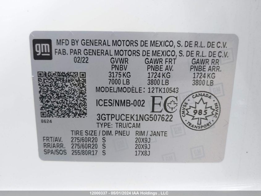 2022 GMC Sierra K1500 Elevation VIN: 3GTPUCEK1NG507622 Lot: 12000337