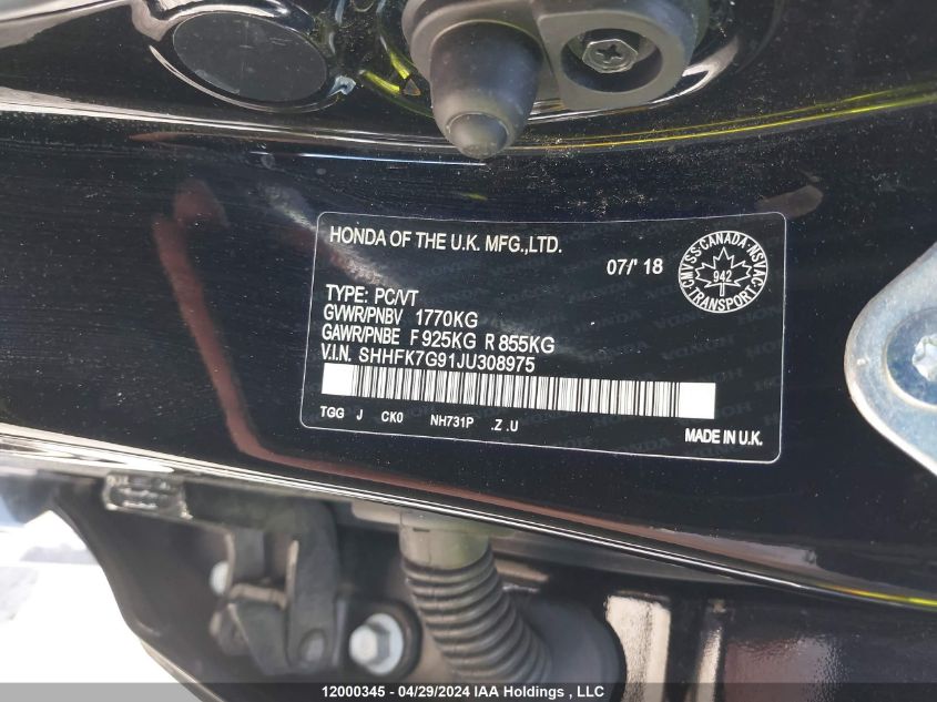 2018 Honda Civic Hatchback VIN: SHHFK7G91JU308975 Lot: 12000345