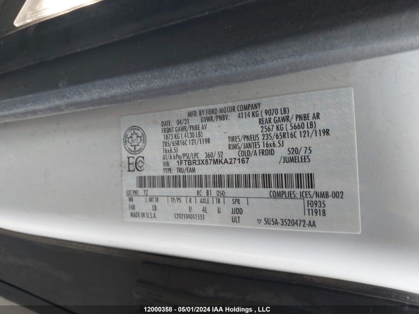 2021 Ford Transit T-250 VIN: 1FTBR3X87MKA27167 Lot: 12000358