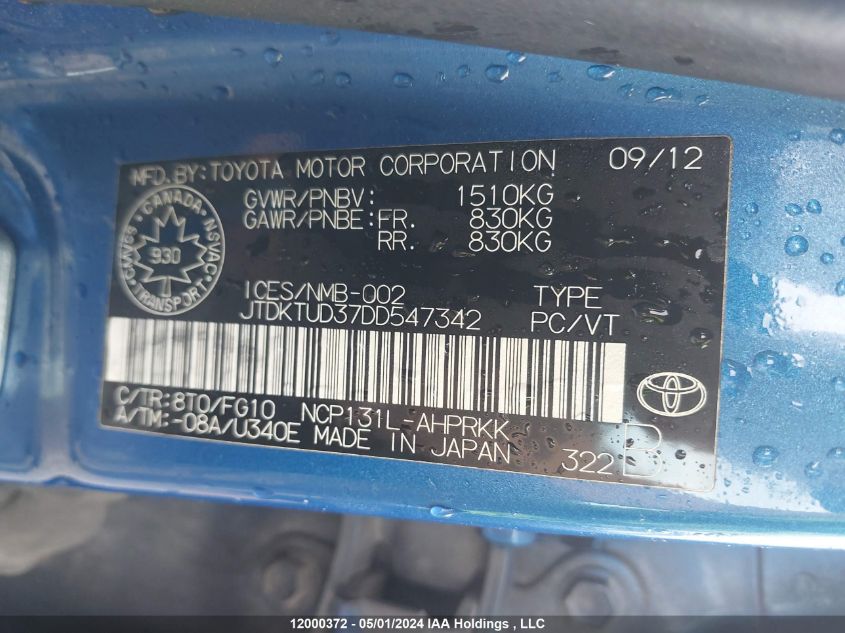 2013 Toyota Yaris Le VIN: JTDKTUD37DD547342 Lot: 12000372