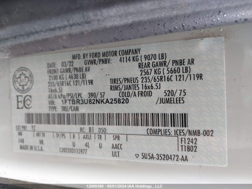 2022 Ford Transit T-250 VIN: 1FTBR3U82NKA25820 Lot: 12000380