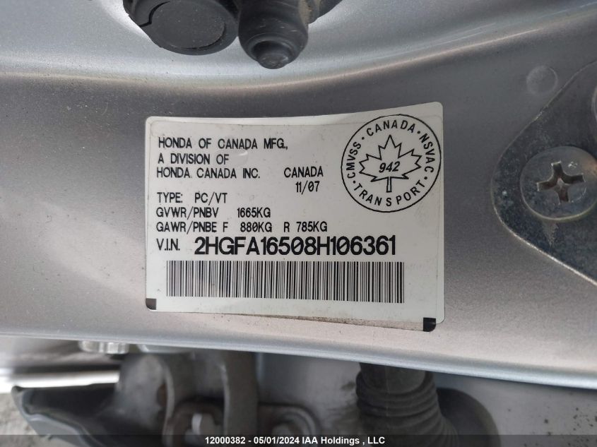 2008 Honda Civic Sdn VIN: 2HGFA16508H106361 Lot: 12000382