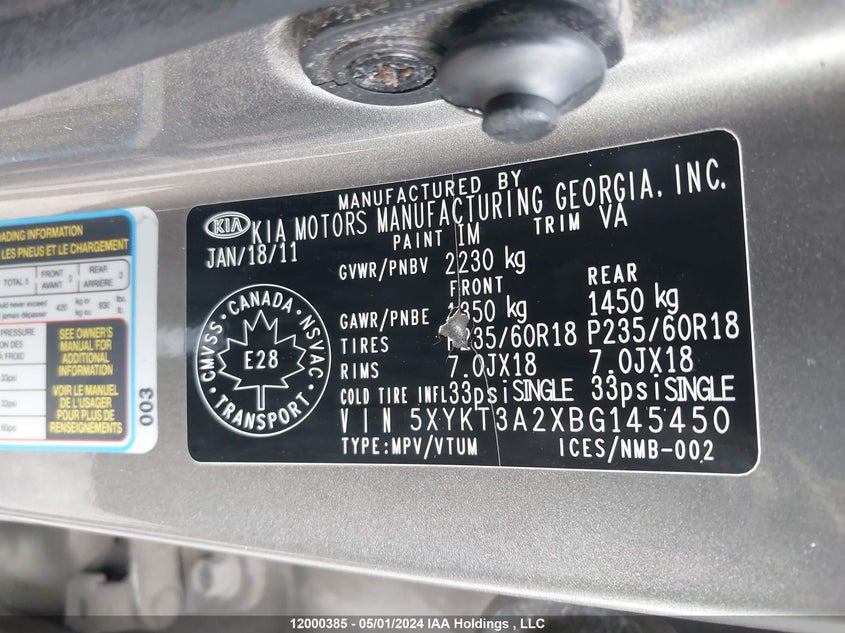 2011 Kia Sorento Lx VIN: 5XYKT3A2XBG145450 Lot: 12000385