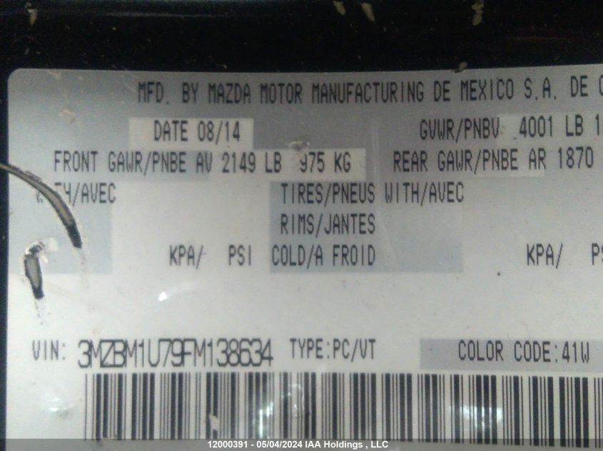 2015 Mazda Mazda3 VIN: 3MZBM1U79FM138634 Lot: 12000391