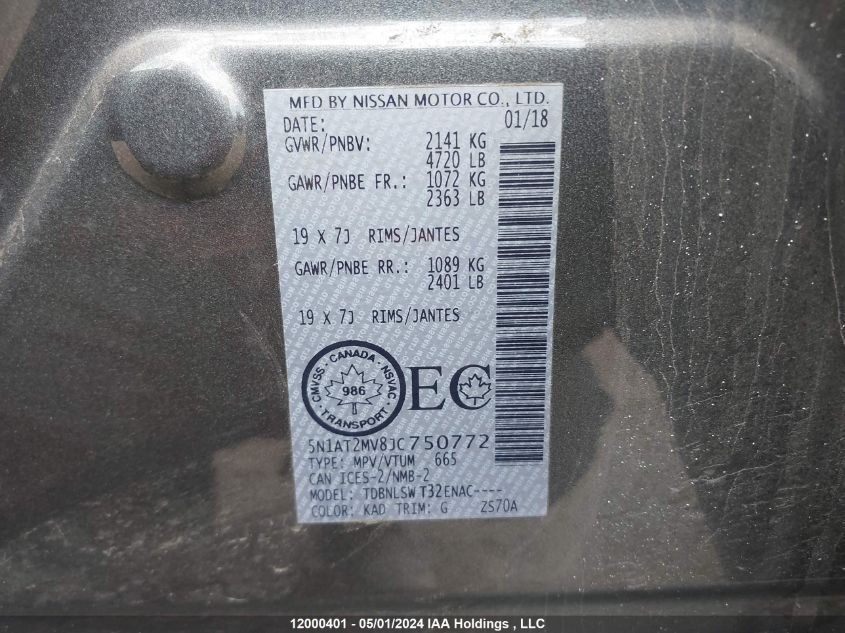 2018 Nissan Rogue VIN: 5N1AT2MV8JC750772 Lot: 12000401