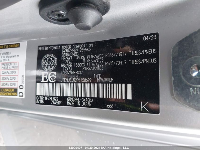 2023 Toyota 4Runner Se/Sr5/Sr5 Premium/Limited/Trd Sport/Trd Off Road/Trd Off Road Prem/Trd Pro VIN: JTENU5JR2P6158699 Lot: 12000407