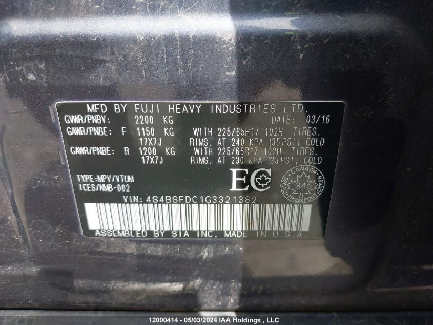 2016 Subaru Legacy Outback VIN: 4S4BSFDC1G3321382 Lot: 12000414