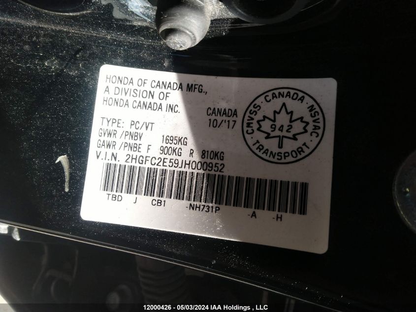 2018 Honda Civic VIN: 2HGFC2E59JH000952 Lot: 12000426