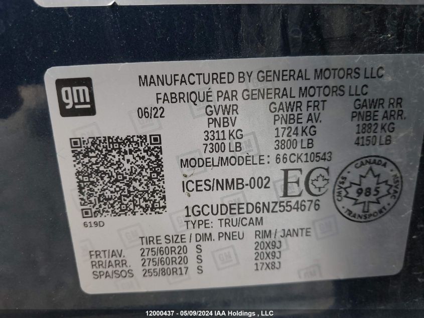 2022 Chevrolet Silverado 1500 VIN: 1GCUDEED6NZ554676 Lot: 12000437