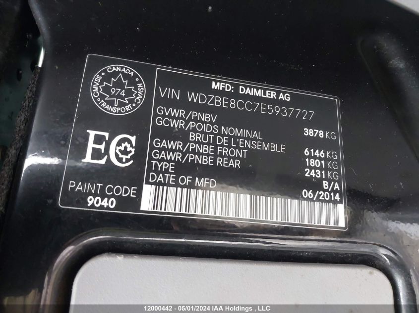 2014 Mercedes-Benz Sprinter Passenger Vans VIN: WDZBE8CC7E5937727 Lot: 12000442