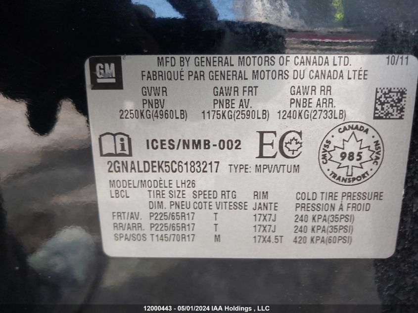 2012 Chevrolet Equinox Lt VIN: 2GNALDEK5C6183217 Lot: 12000443