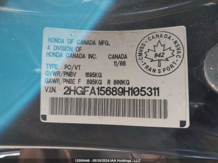 2009 Honda Civic Sdn VIN: 2HGFA15689H105311 Lot: 12000446