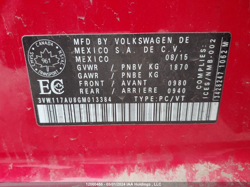 2016 Volkswagen Golf VIN: 3VW117AU8GM013384 Lot: 12000455