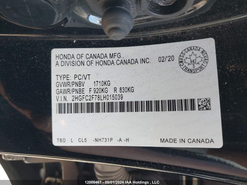 2020 Honda Civic Sedan VIN: 2HGFC2F78LH015039 Lot: 12000467