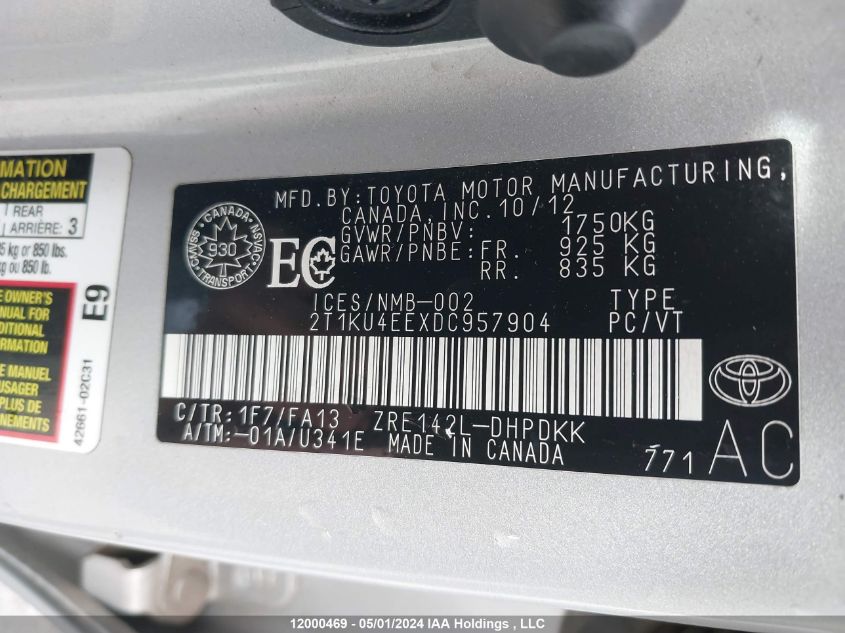 2013 Toyota Matrix Wagon VIN: 2T1KU4EEXDC957904 Lot: 12000469