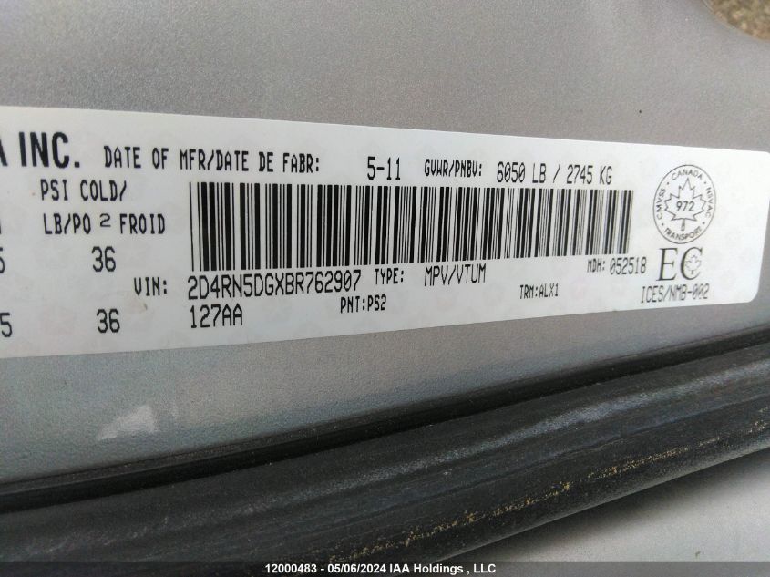 2011 Dodge Grand Caravan Crew VIN: 2D4RN5DGXBR762907 Lot: 12000483