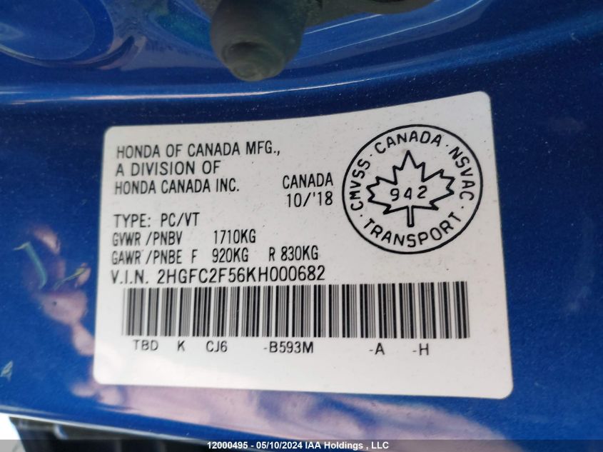 2019 Honda Civic Sedan VIN: 2HGFC2F56KH000682 Lot: 12000495