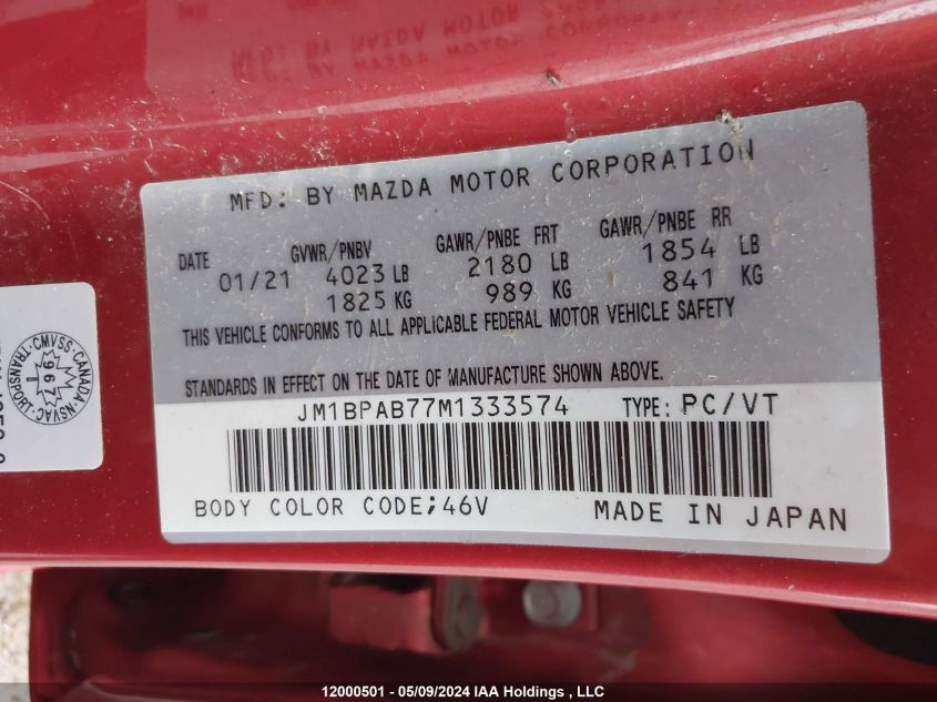 2021 Mazda Mazda3 VIN: JM1BPAB77M1333574 Lot: 12000501