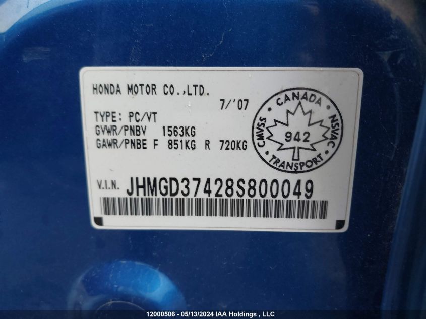 2008 Honda Fit VIN: JHMGD37428S800049 Lot: 12000506