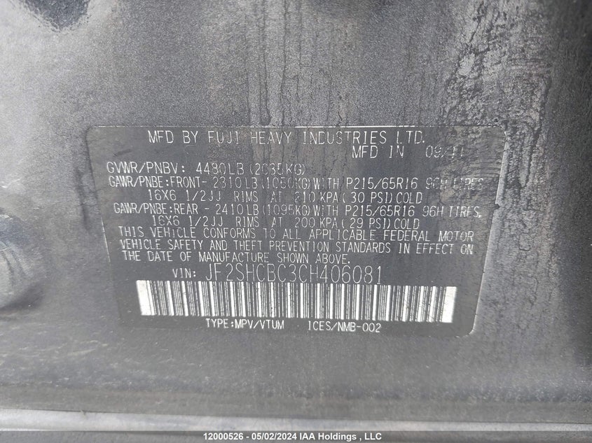 2012 Subaru Forester 2.5X VIN: JF2SHCBC3CH406081 Lot: 12000526