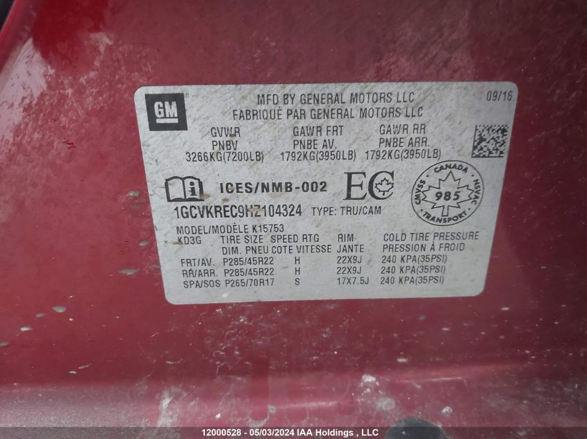 2017 Chevrolet Silverado K1500 Lt VIN: 1GCVKREC9HZ104324 Lot: 12000528