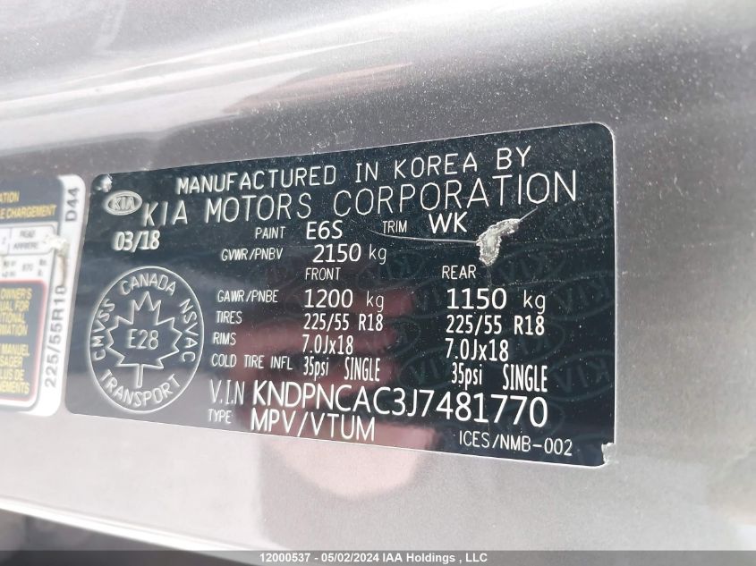 2018 Kia Sportage VIN: KNDPNCAC3J7481770 Lot: 12000537