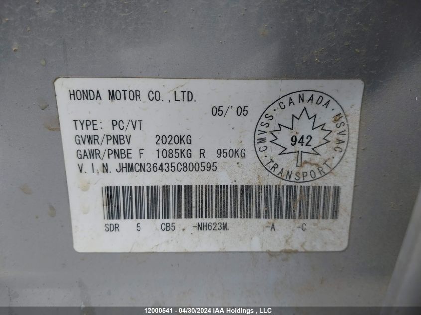 2005 Honda Accord Hybrid VIN: JHMCN36435C800595 Lot: 12000541