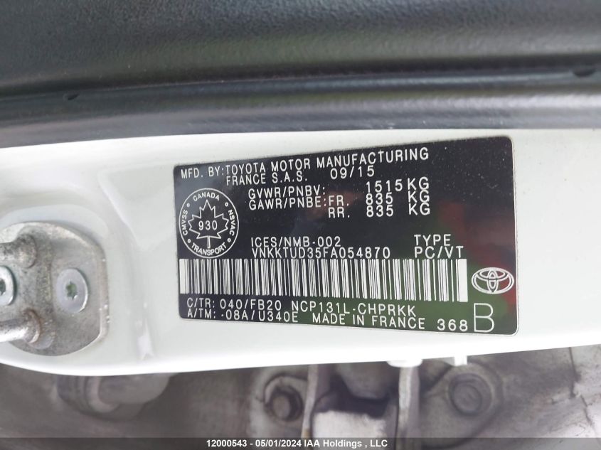 2015 Toyota Yaris Le/Se VIN: VNKKTUD35FA054870 Lot: 12000543