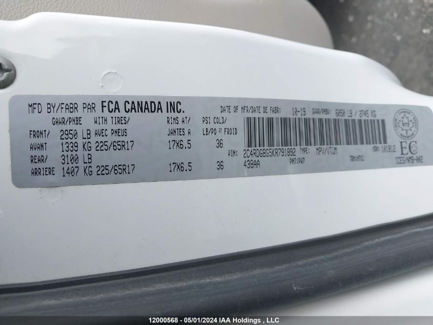 2019 Dodge Grand Caravan Se VIN: 2C4RDGBG5KR791892 Lot: 12000568