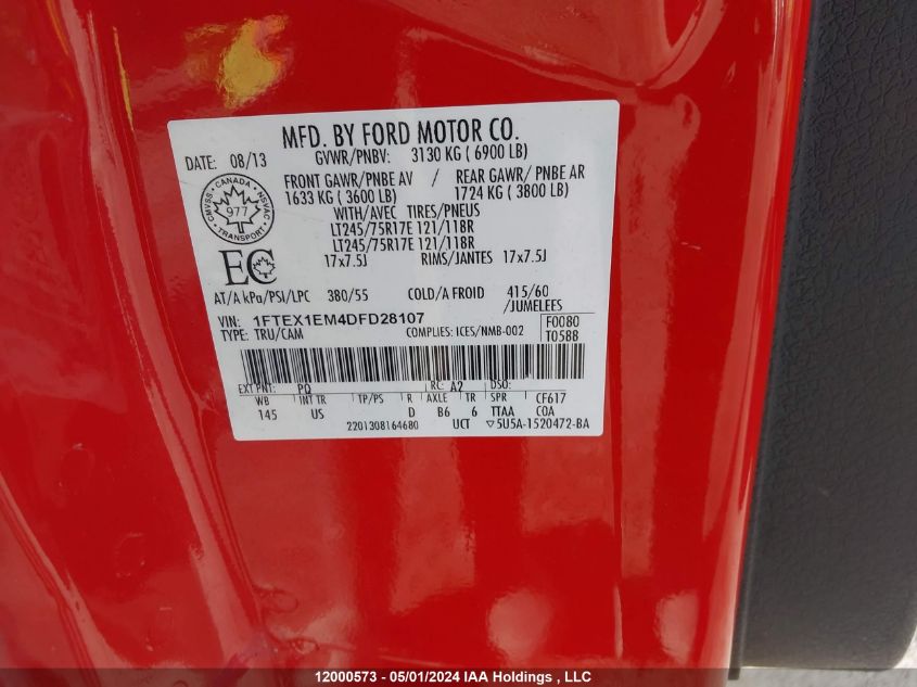 2013 Ford F150 Super Cab VIN: 1FTEX1EM4DFD28107 Lot: 12000573