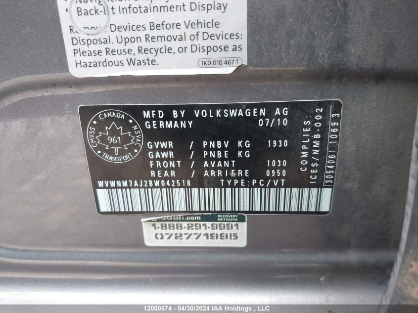 2011 Volkswagen Golf VIN: WVWNM7AJ2BW042518 Lot: 12000574