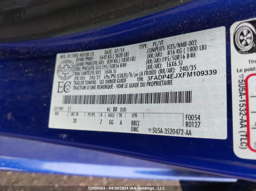 2015 Ford Fiesta Se VIN: 3FADP4EJXFM109339 Lot: 12000583