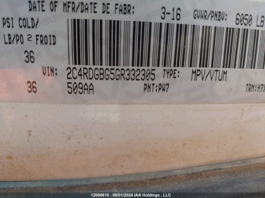 2016 Dodge Caravan VIN: 2C4RDGBG5GR332305 Lot: 12000610