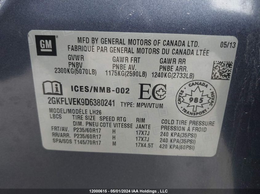 2013 GMC Terrain VIN: 2GKFLVEK9D6380241 Lot: 12000615