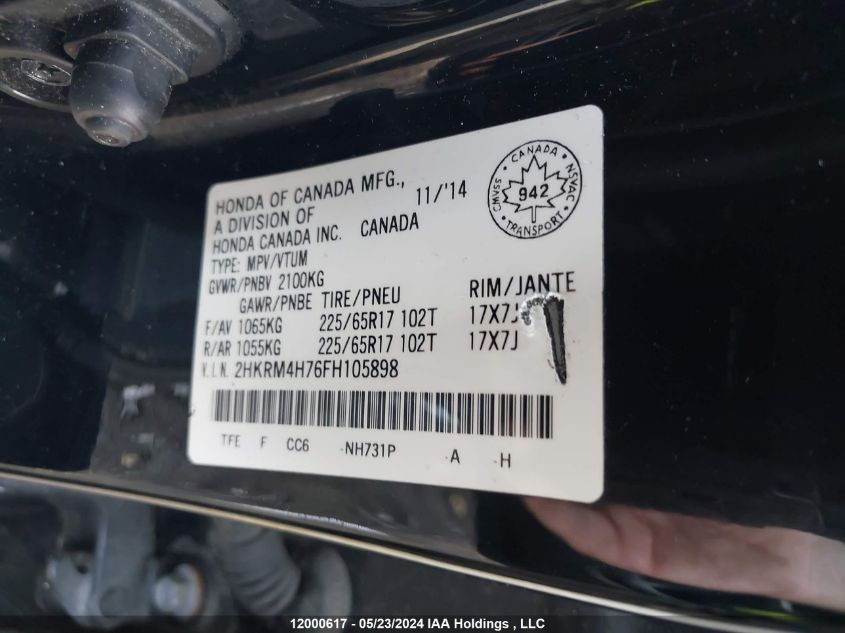 2015 Honda Cr-V Exl VIN: 2HKRM4H76FH105898 Lot: 12000617