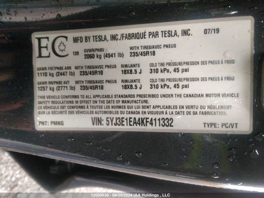 2019 Tesla Model 3 VIN: 5YJ3E1EA4KF411332 Lot: 12000630