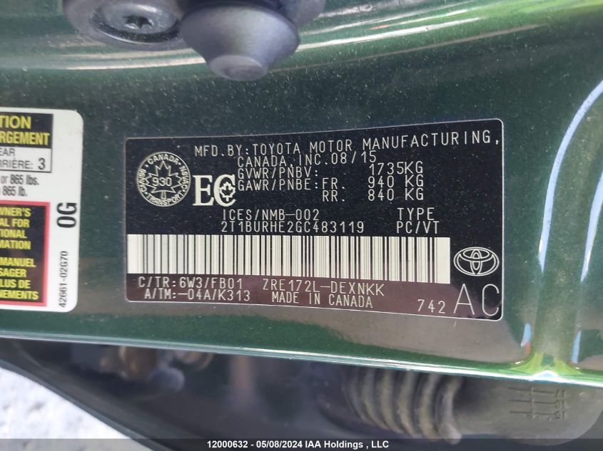 2016 Toyota Corolla VIN: 2T1BURHE2GC483119 Lot: 12000632