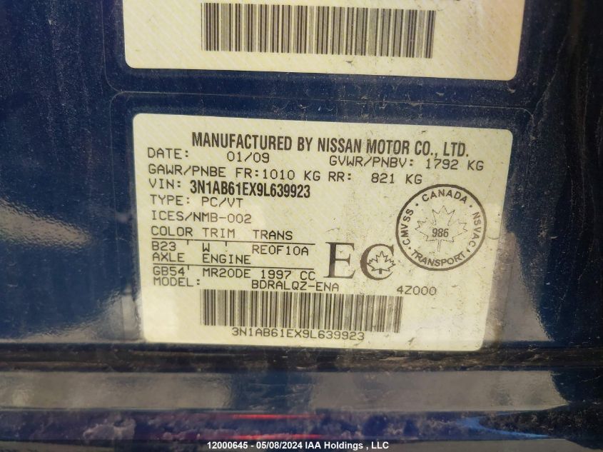 2009 Nissan Sentra 2.0/2.0S/2.0Sl VIN: 3N1AB61EX9L639923 Lot: 12000645