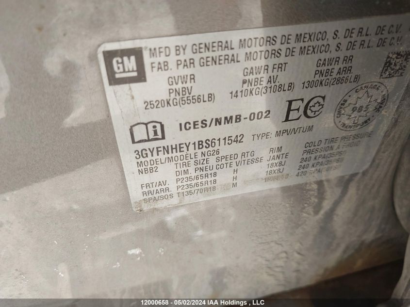 2011 Cadillac Srx VIN: 3GYFNHEY1BS611542 Lot: 12000658