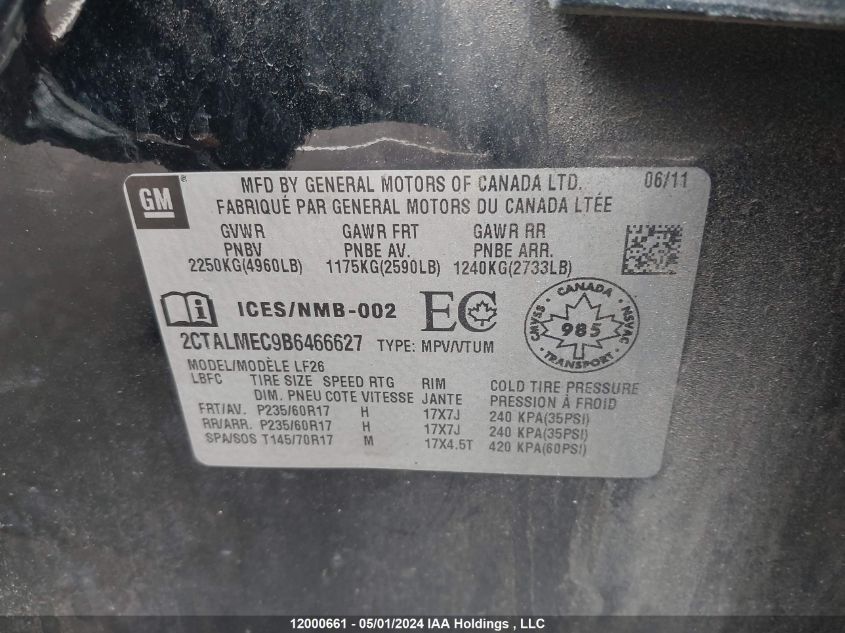 2011 GMC Terrain VIN: 2CTALMEC9B6466627 Lot: 12000661