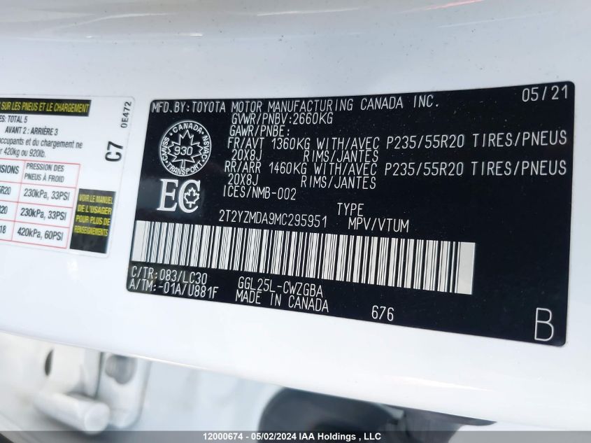 2021 Lexus Rx 350 VIN: 2T2YZMDA9MC295951 Lot: 12000674