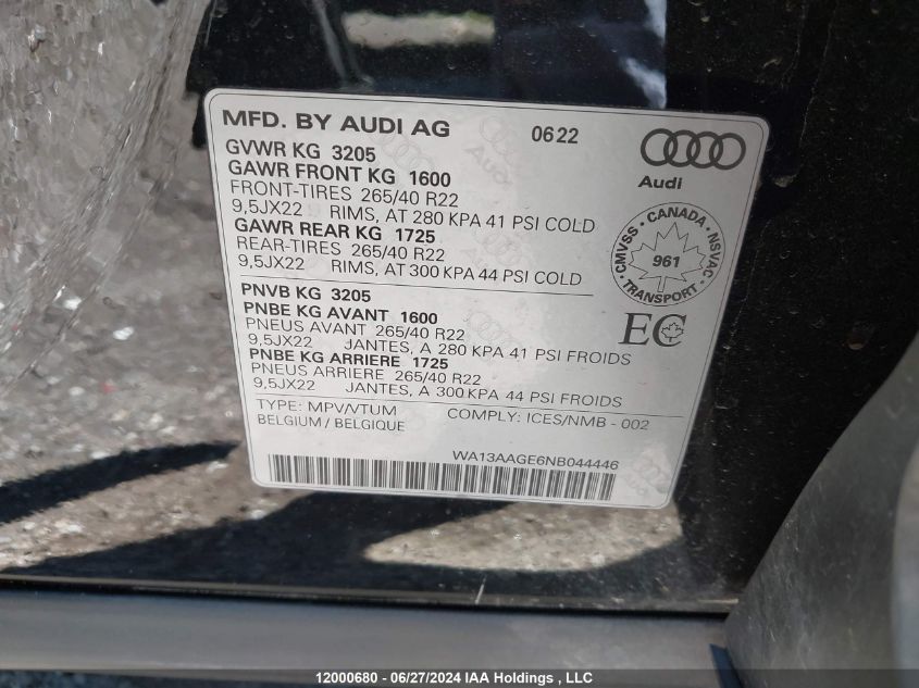 2022 Audi E-Tron Sportback VIN: WA13AAGE6NB044446 Lot: 12000680