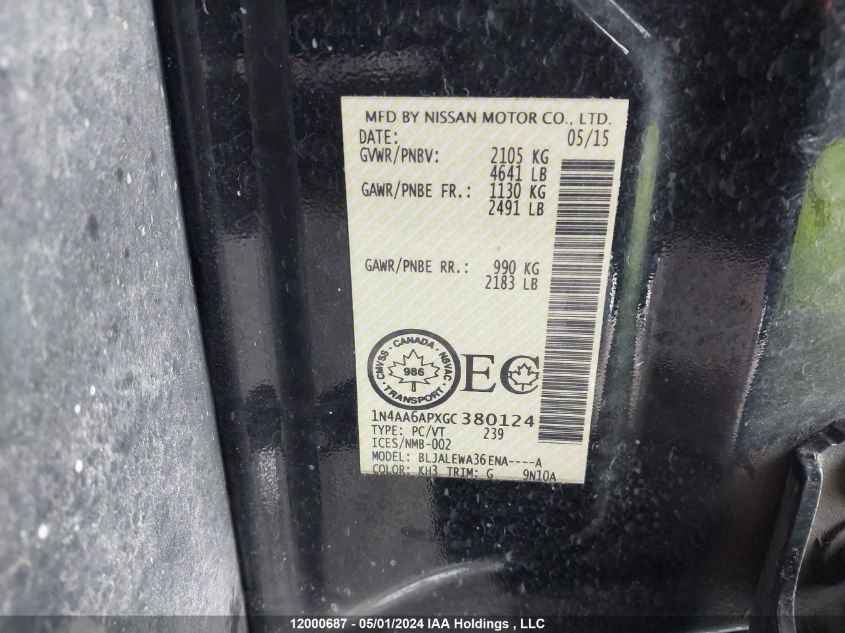 2016 Nissan Maxima 3.5S/Sv/Sl/Sr/Plat VIN: 1N4AA6APXGC380124 Lot: 12000687