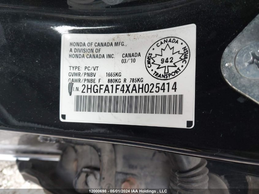 2010 Honda Civic Sdn VIN: 2HGFA1F4XAH025414 Lot: 12000698