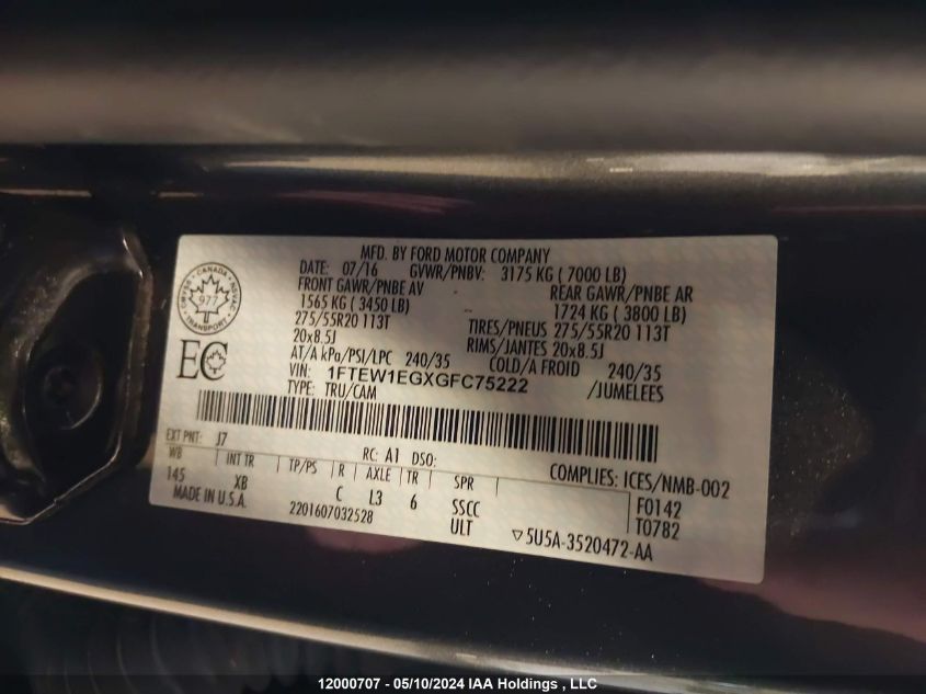 2016 Ford F150 Supercrew VIN: 1FTEW1EGXGFC75222 Lot: 12000707