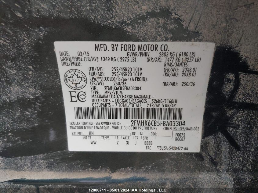 2015 Ford Flex Sel VIN: 2FMHK6C85FBA03304 Lot: 12000711