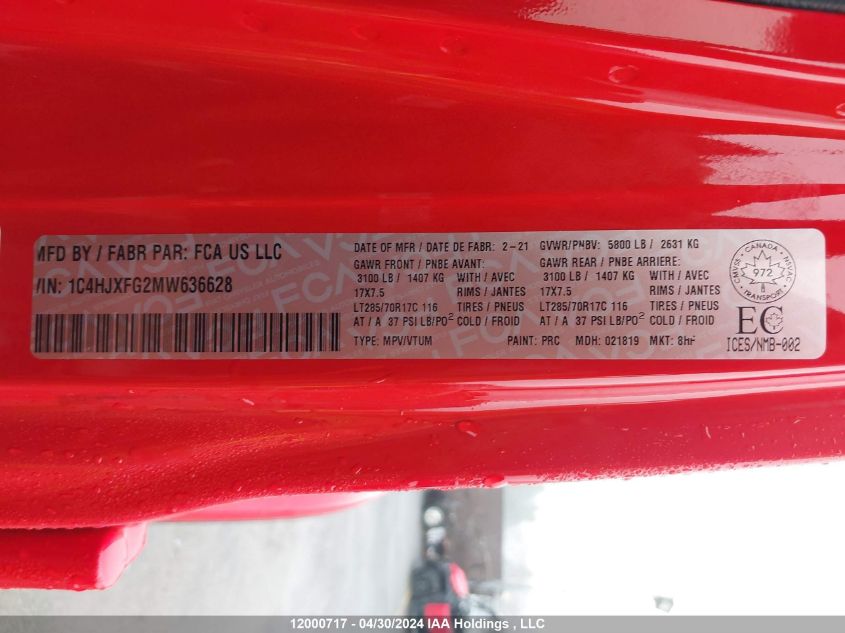 2021 Jeep Wrangler Unlimited Rubicon VIN: 1C4HJXFG2MW636628 Lot: 12000717