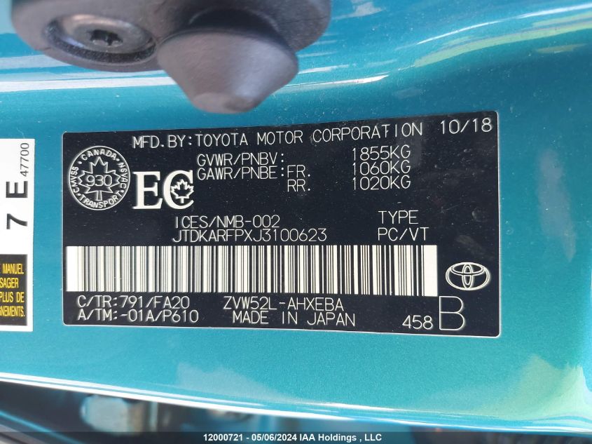 2018 Toyota Prius Prime Upgrade VIN: JTDKARFPXJ3100623 Lot: 12000721