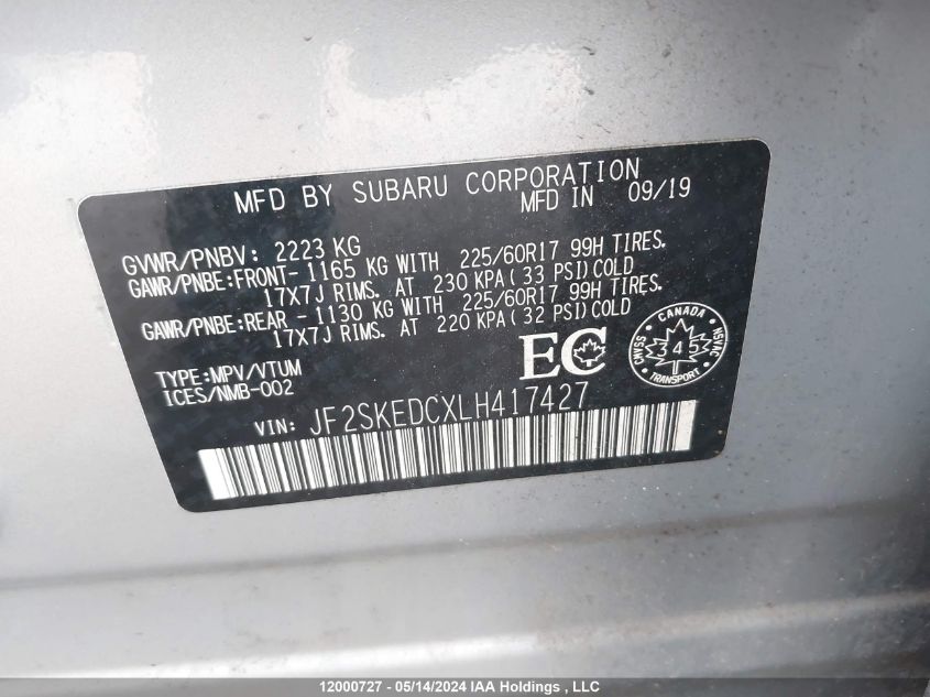 2020 Subaru Forester VIN: JF2SKEDCXLH417427 Lot: 12000727