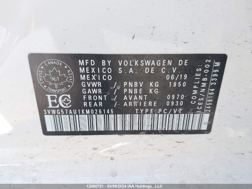 2019 Volkswagen Golf VIN: 3VWG57AU1KM026145 Lot: 12000751